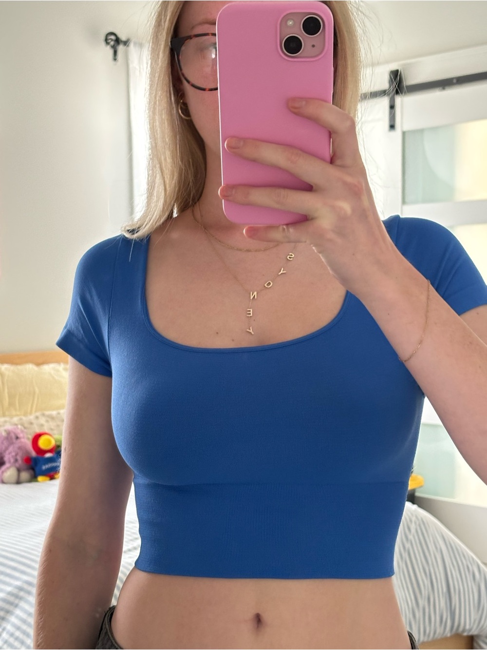 Blue square neck crop top